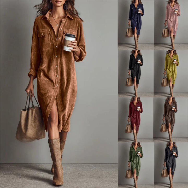 Women's shirt dress made of corduroy with breast pockets, button placket and slit Mune Fashion