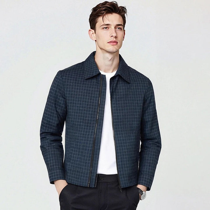 Men's Lightweight Checked Overshirt Jacket with Concealed Two-Way Zipper and Shirt Collar Mune Fashion