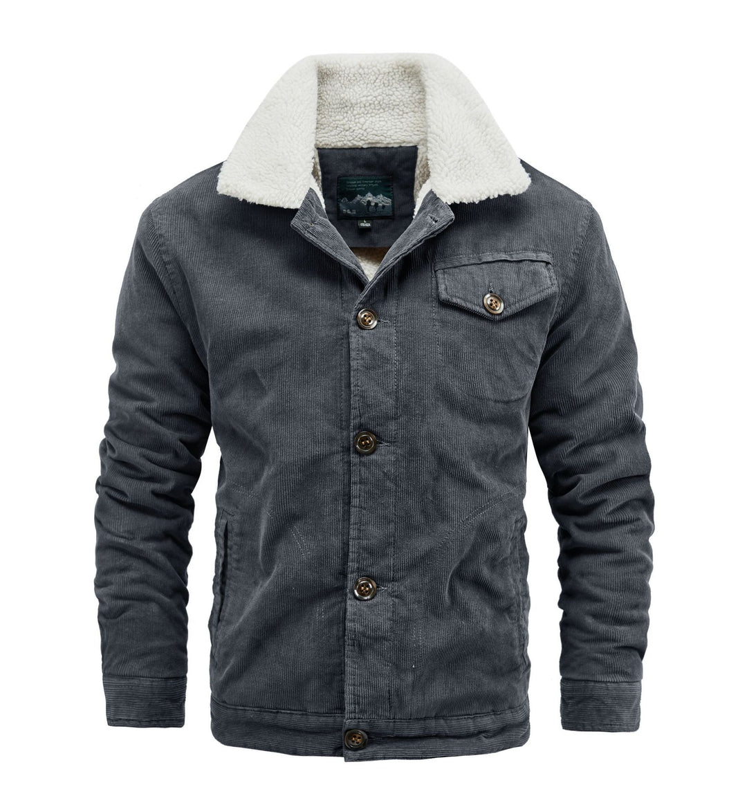 Men's Cord Trucker Jacket with Continuous Sherpa Lining and Shirt Collar Mune Fashion