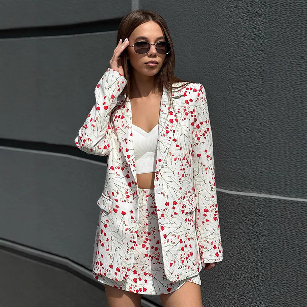 Women Floral Blazer and Mini Skirt Set made of textured Cotton Blend Mune Fashion