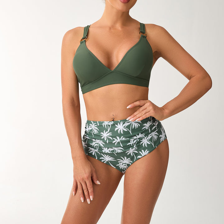 Women High-Waisted Bikini Set with Adjustable Straps and Stylish Palm Print Mune Fashion
