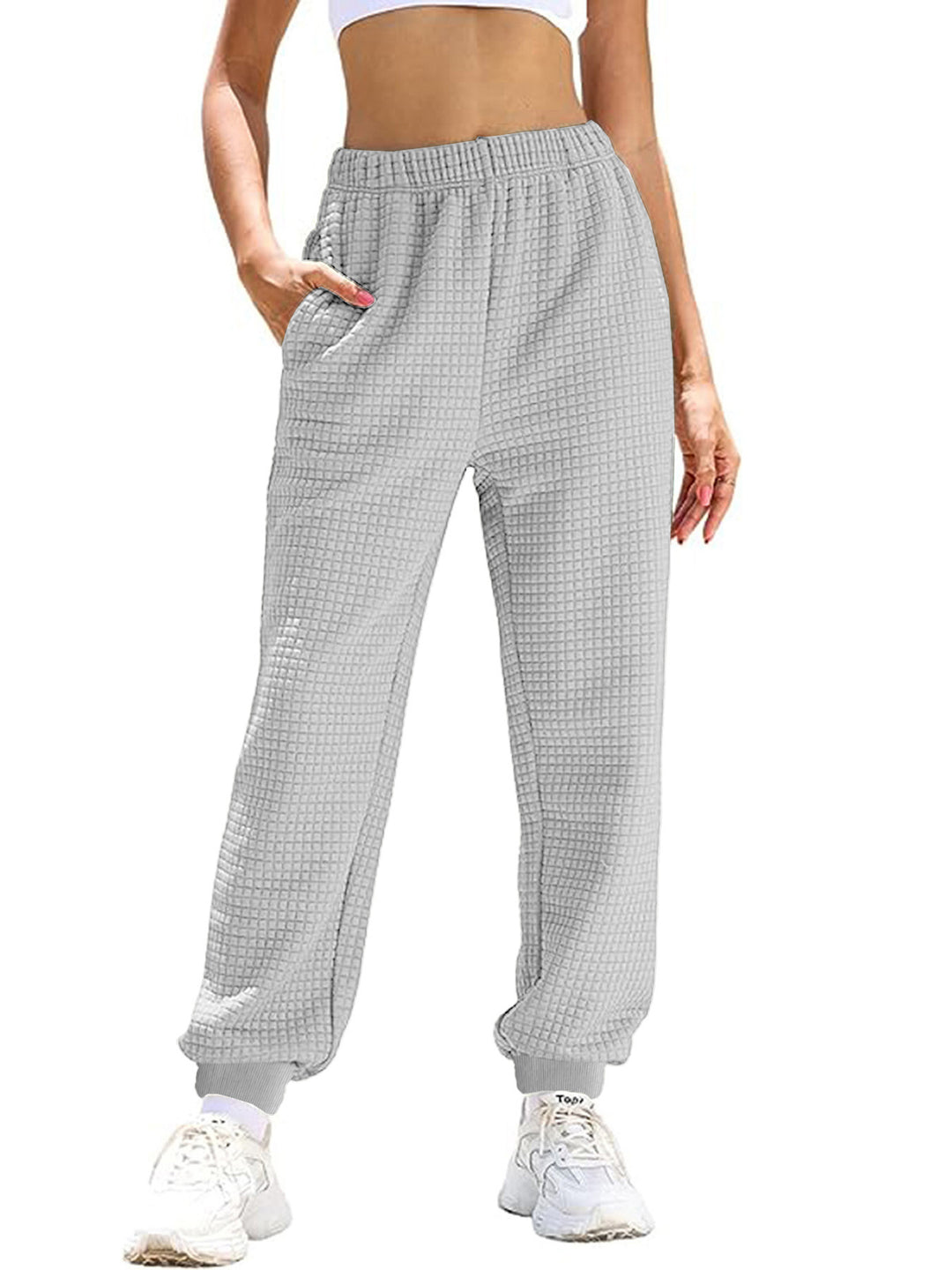 Women's Casual Waffle Knit Lounge Pants with High Elastic Waistband and Cuffs