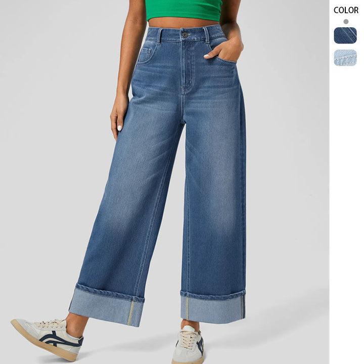 Women's high-waisted wide ankle-length jeans with wide cuff and five-pocket cut Mune Fashion