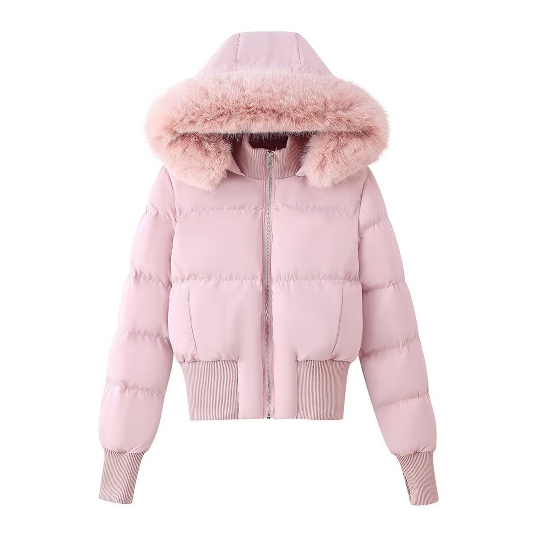 Women's Padded Cropped Bomber Jacket with Hood and Removable Faux Fur Trim Mune Fashion