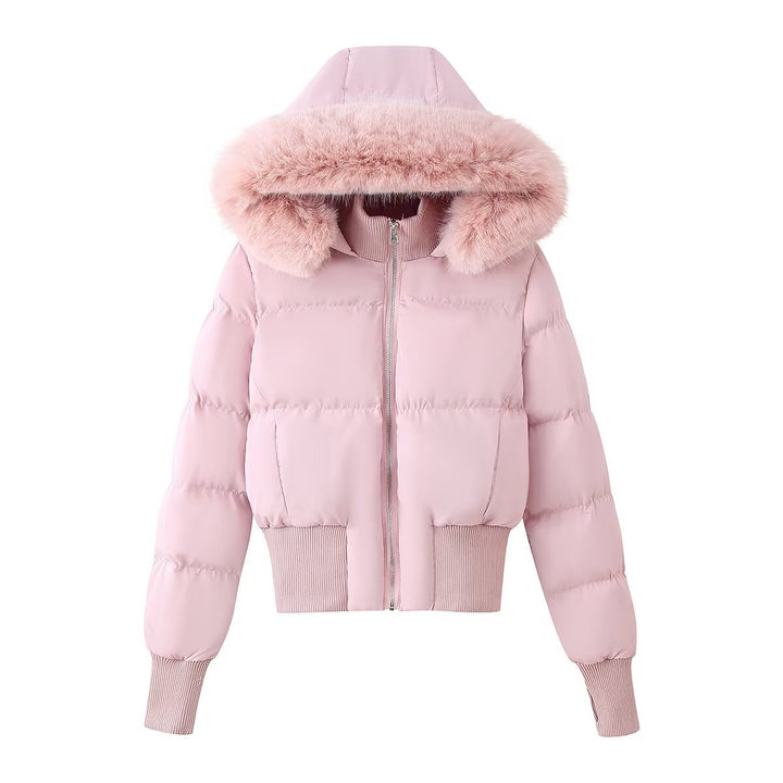 Women's Padded Cropped Bomber Jacket with Hood and Removable Faux Fur Trim Mune Fashion