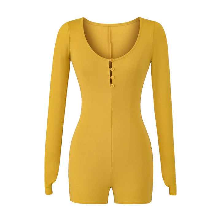 Women Fitted Long Sleeve Bodysuit with Button Placket and Short Shorts Mune Fashion