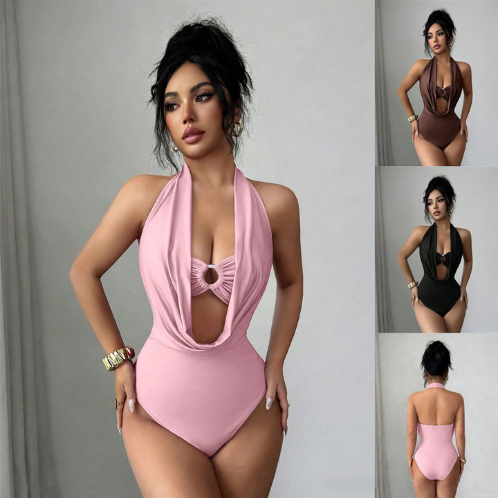 Women's Tailored Halter-Unitard with Draped Décolletage and Ring Detail Mune Fashion