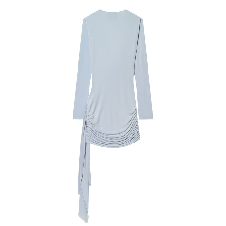 Women's Draped Jersey Mini Dress with Deep Waterfall Neckline and Side Cord Mune Fashion