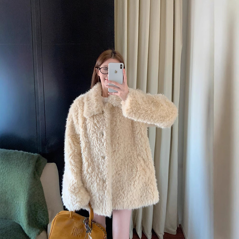 Women's Oversized Faux Fur Coat with Teddy Look, Stand Collar and Pockets Mune Fashion