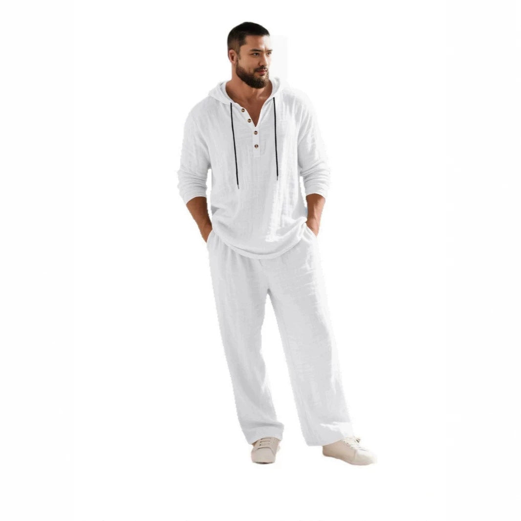 Men's casual linen two-piece set with hooded Henley-style shirt and loose-fitting leisure pants Mune Fashion