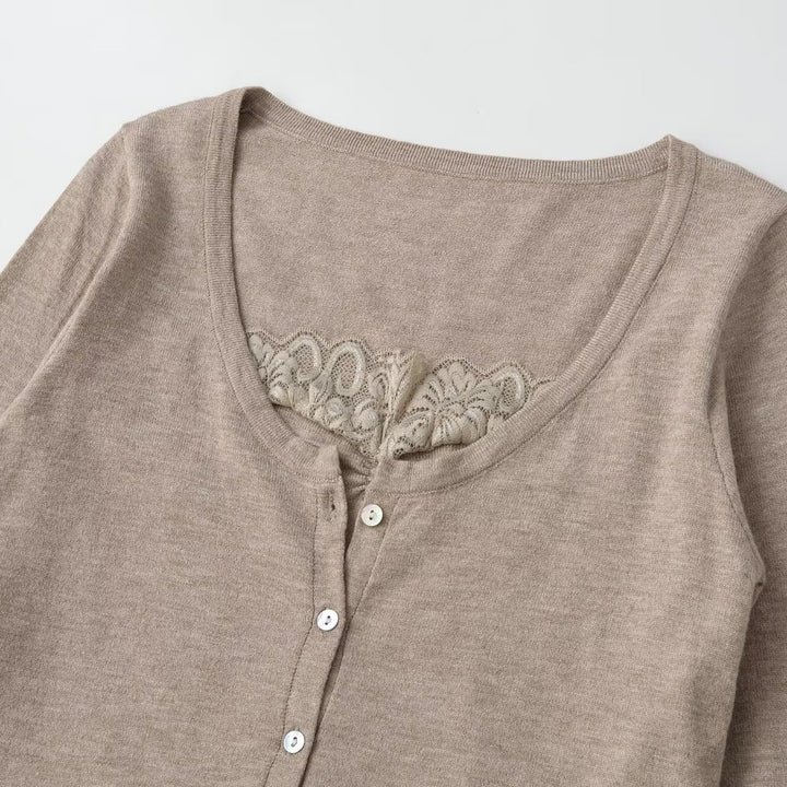 Women's short cardigan made of fine knit with V-neck, button placket, and lace insert Mune Fashion