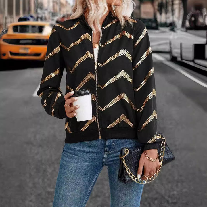 Ladies nan bomber jacket with sequin chevron pattern, ribbed cuffs, and visible zipper Mune Fashion