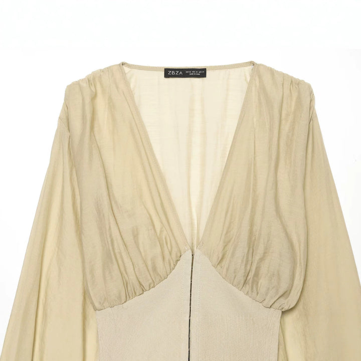 Women Short Bolero Blouson with Deep V-Neck, Gathered Yoke and Balloon Sleeves Drune