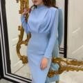 Ladies Elegant Sheath Midi Dress with Draped Waterfall Yoke and Long Sleeves Mune Fashion