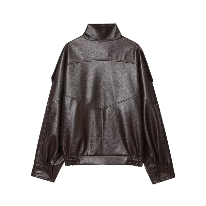 Women's faux leather bomber jacket with high stand collar, asymmetrical snap placket, and elastic hem Mune Fashion