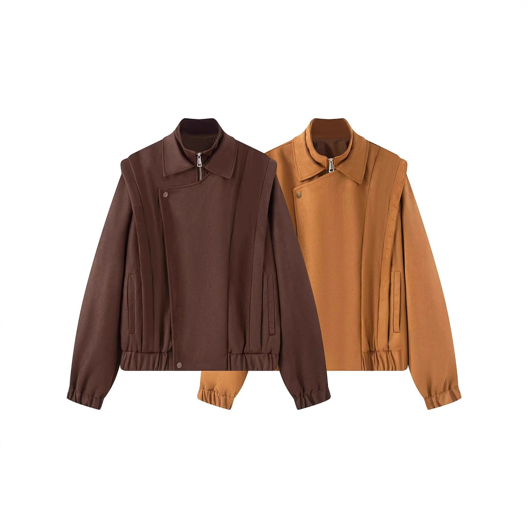 Women's short wool bomber jacket with asymmetrical zipper, stand-up collar, and elastic hem Mune Fashion