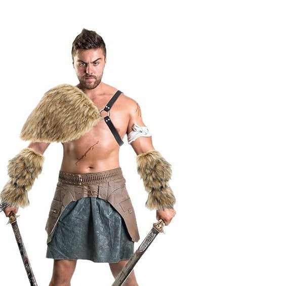 Men's Warrior Costume Accessory Set made of faux fur with shoulder drape, arm guards, and adjustable leather harness Mune Fashion
