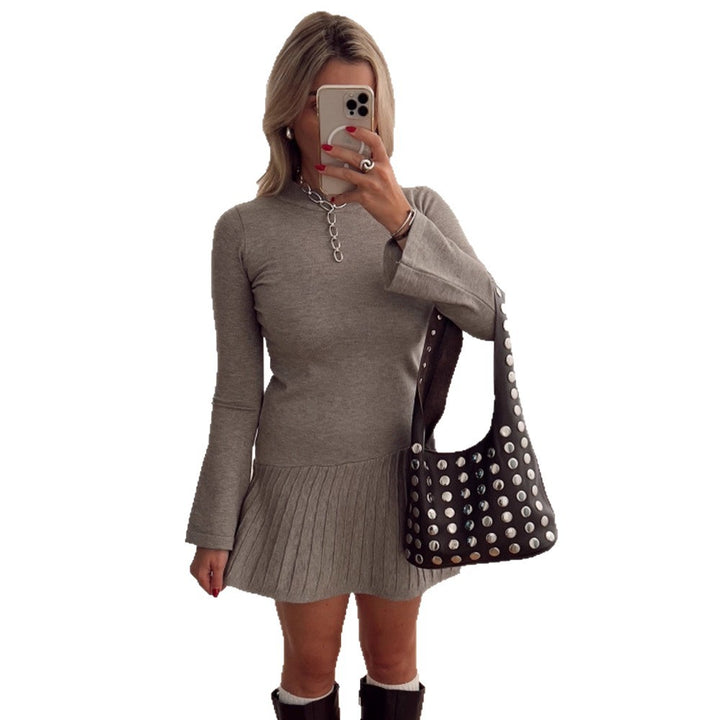 Women's Tailored Fine Knit Mini Dress with Pleated Skirt and Flared Sleeves Mune Fashion