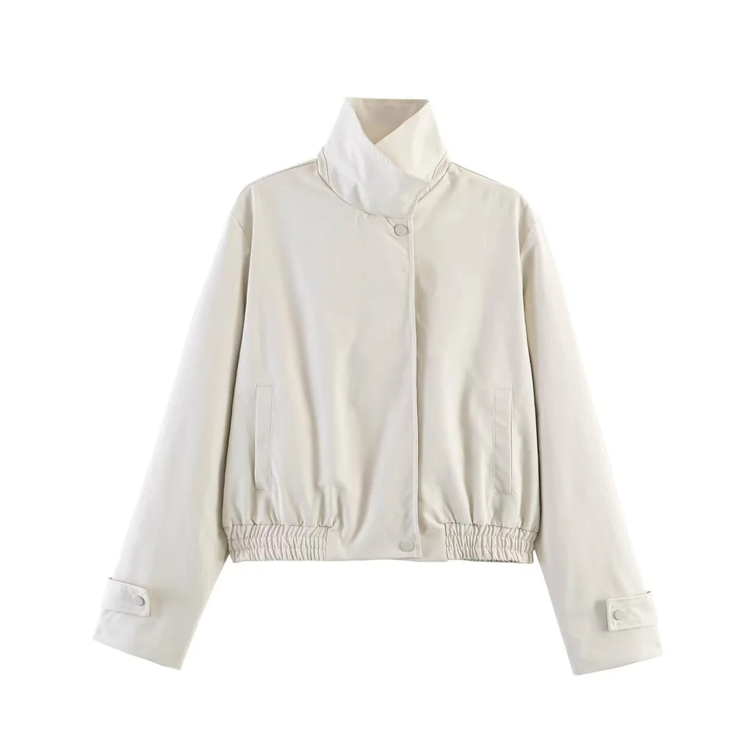 Women's short-cut bomber jacket with stand-up collar, snap button placket, and elastic hem Mune Fashion
