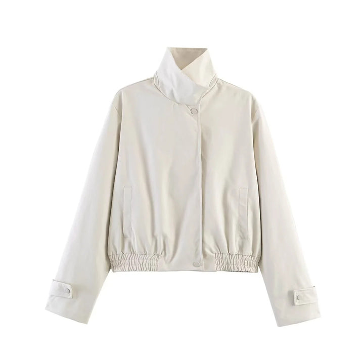 Women's short-cut bomber jacket with stand-up collar, snap button placket, and elastic hem Mune Fashion