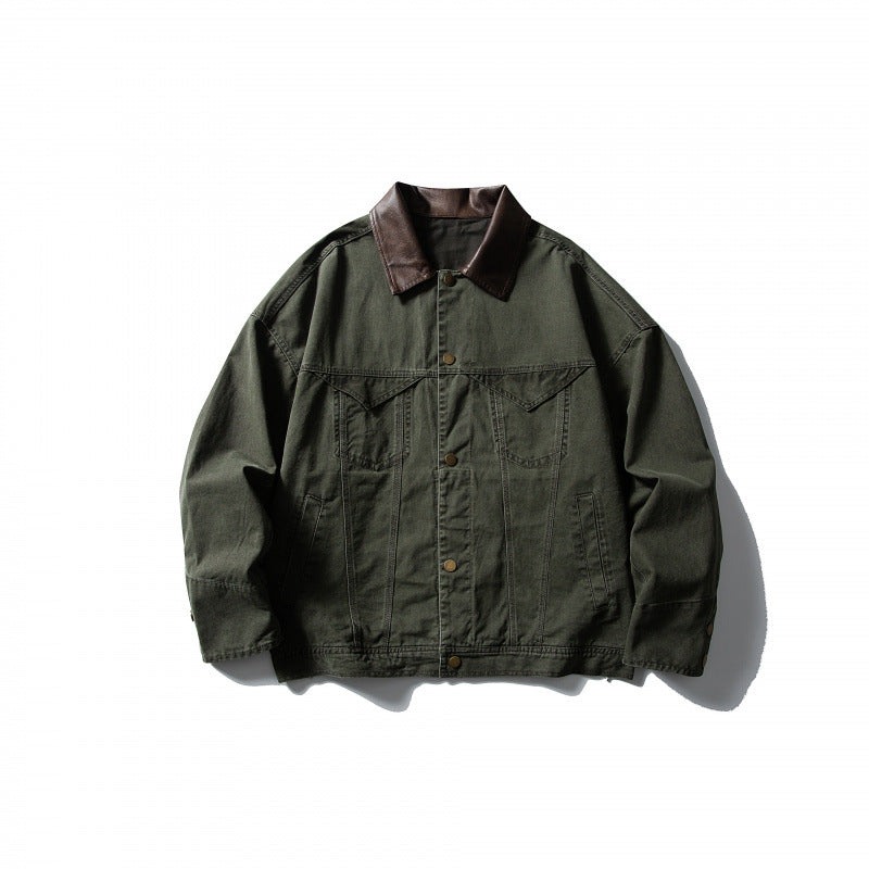 Men's Boxy Canvas Jacket with Leather Collar and Overshirt Silhouette Mune Fashion