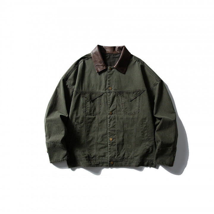 Men's Boxy Canvas Jacket with Leather Collar and Overshirt Silhouette Mune Fashion