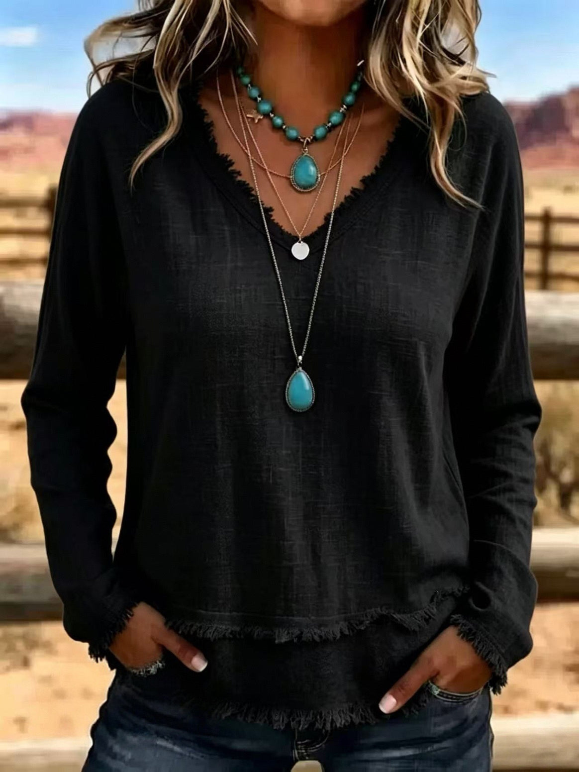 Women's Casual Long Sleeve Top with Fringes Mune Fashion