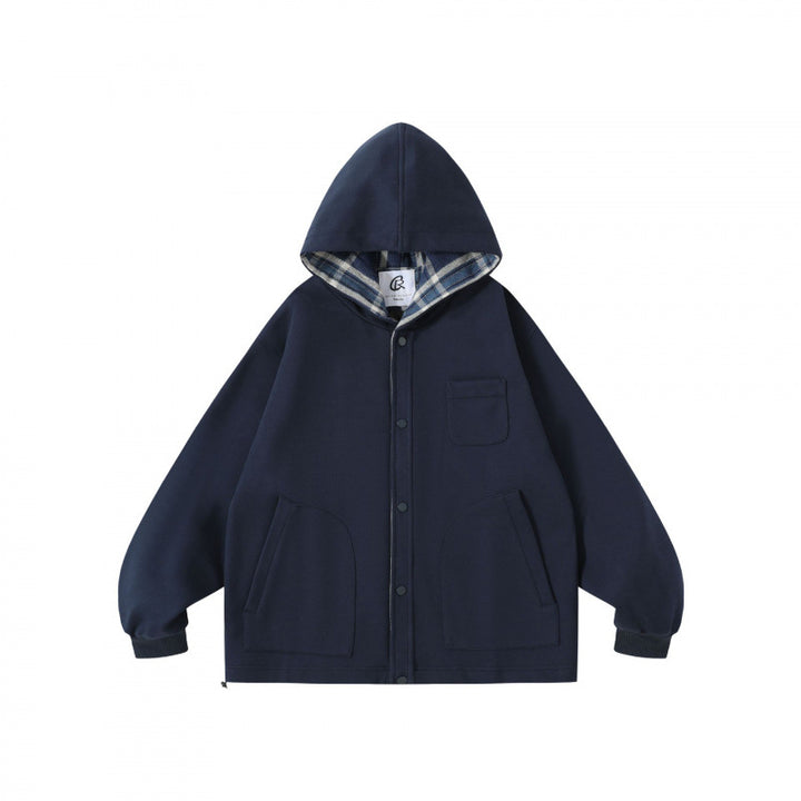 Unisex Oversize Hoodie with checkered lined hood and snap button placket Mune Fashion