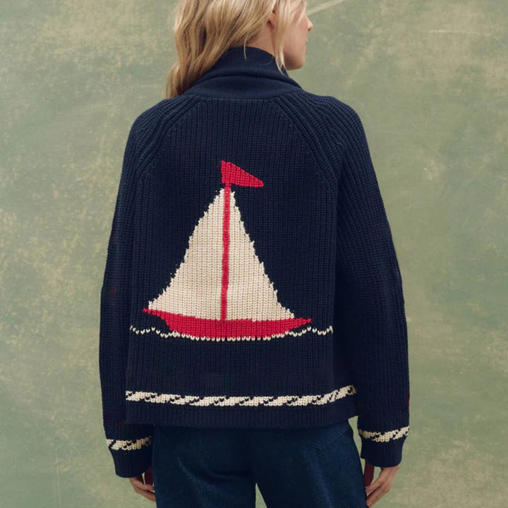 Women’s chunky knit cardigan with lapel collar and horse intarsia Mune Fashion