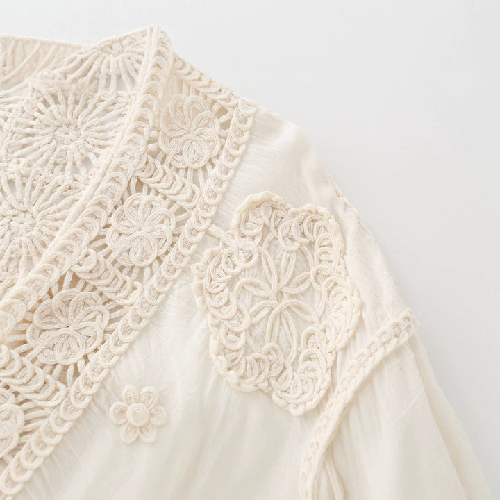 Women's Short Crochet and Embroidered Jacket in Boho Kimono Style with Tie Band Drune