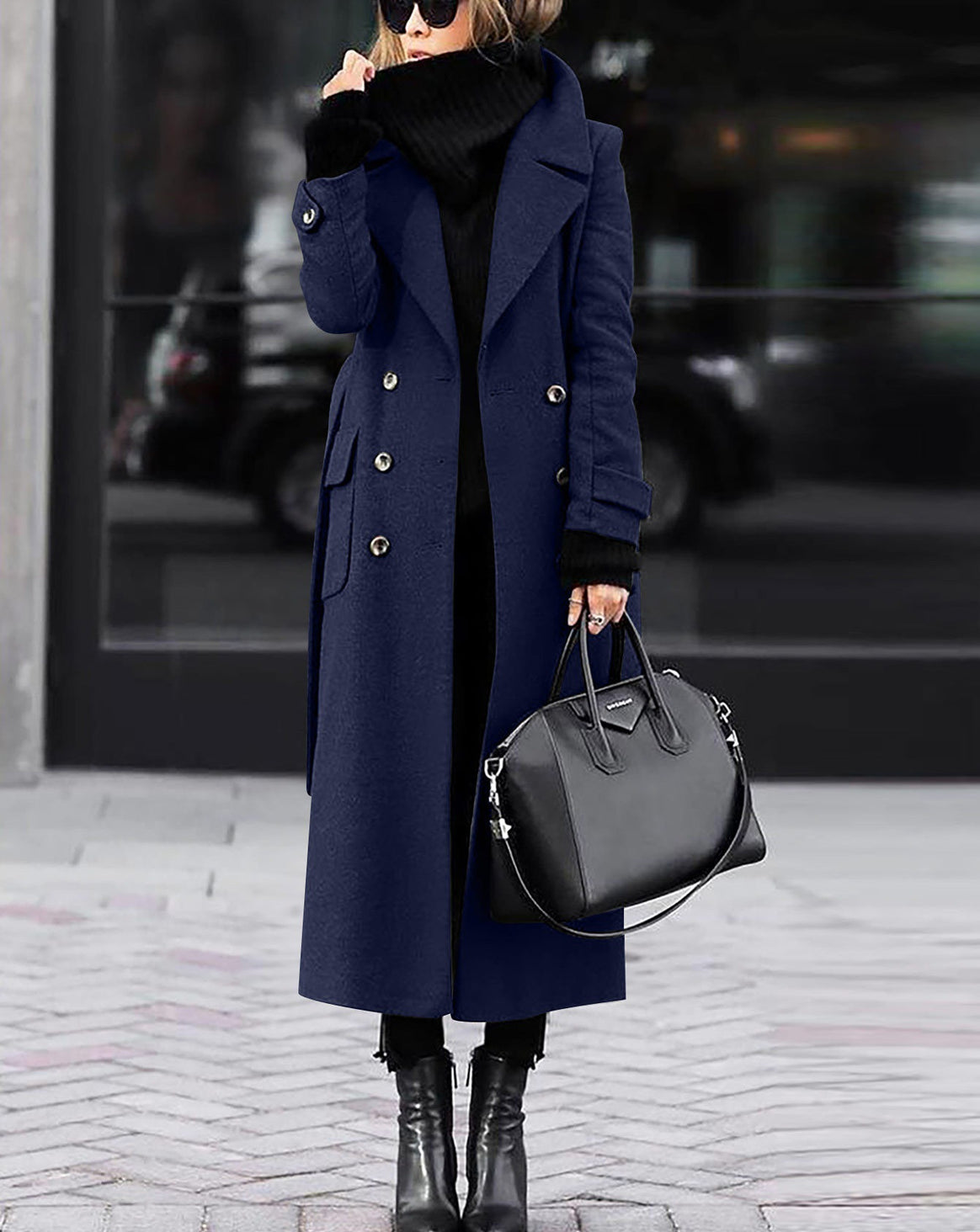 Women Long Double-Breasted Wool Blend Coat with Distinctive Lapels and Flap Pockets Mune Fashion