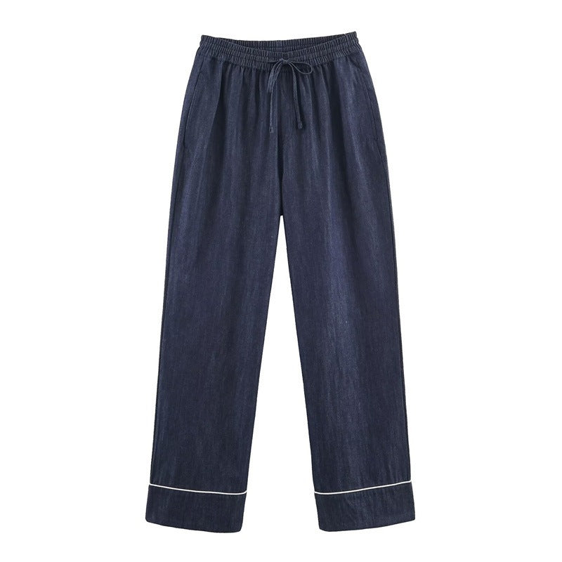 Women's Loose Fit Denim Pants with Elastic Waistband and Drawstring Mune Fashion