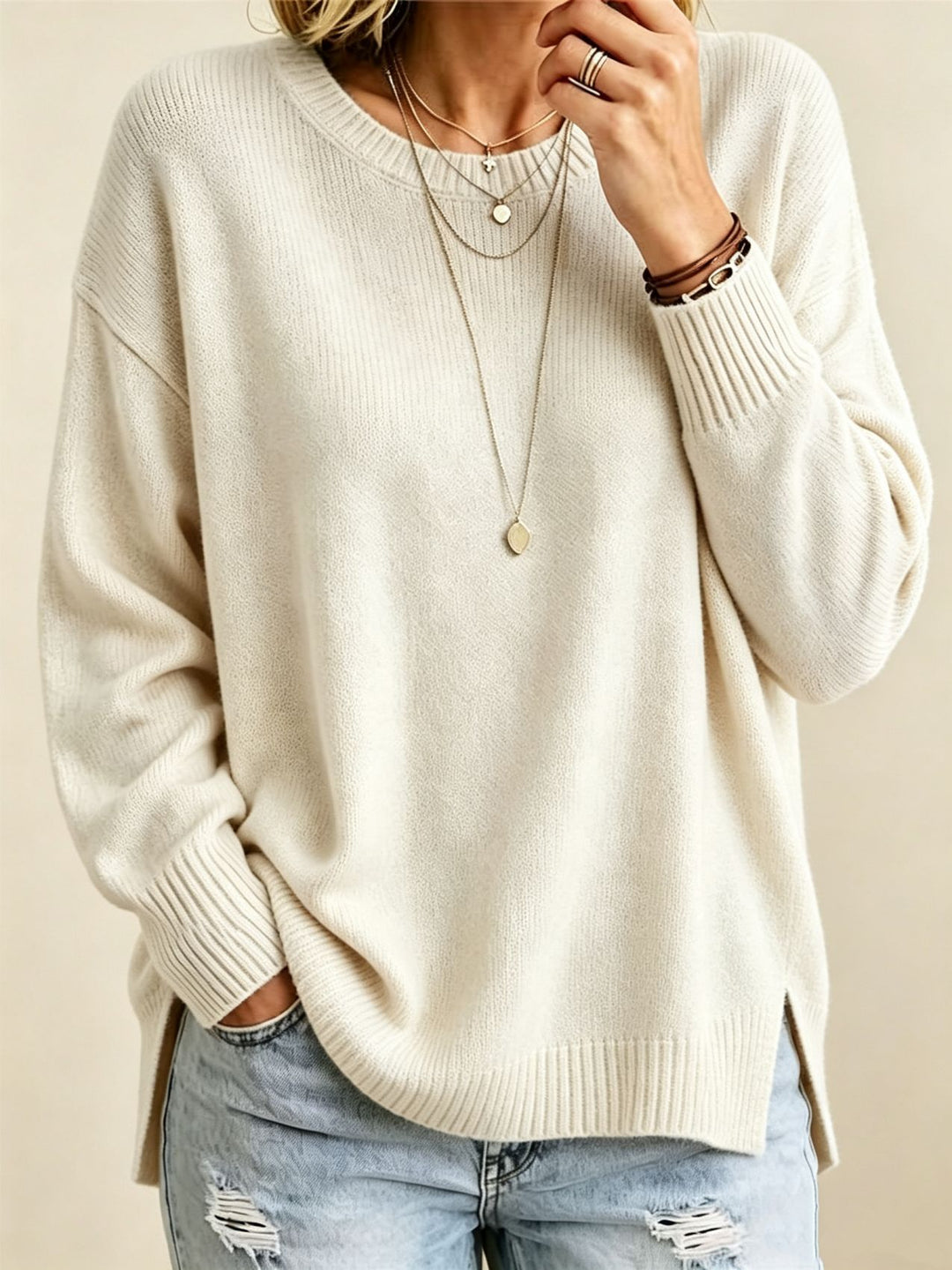 Women Loose Fit Round Neck Fine Knit Sweater with Side Slits and Ribbed Cuffs Mune Fashion