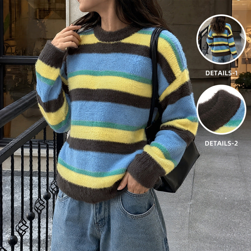 Women's Casual Knitted Sweater with Colorful Striped Pattern Mune Fashion