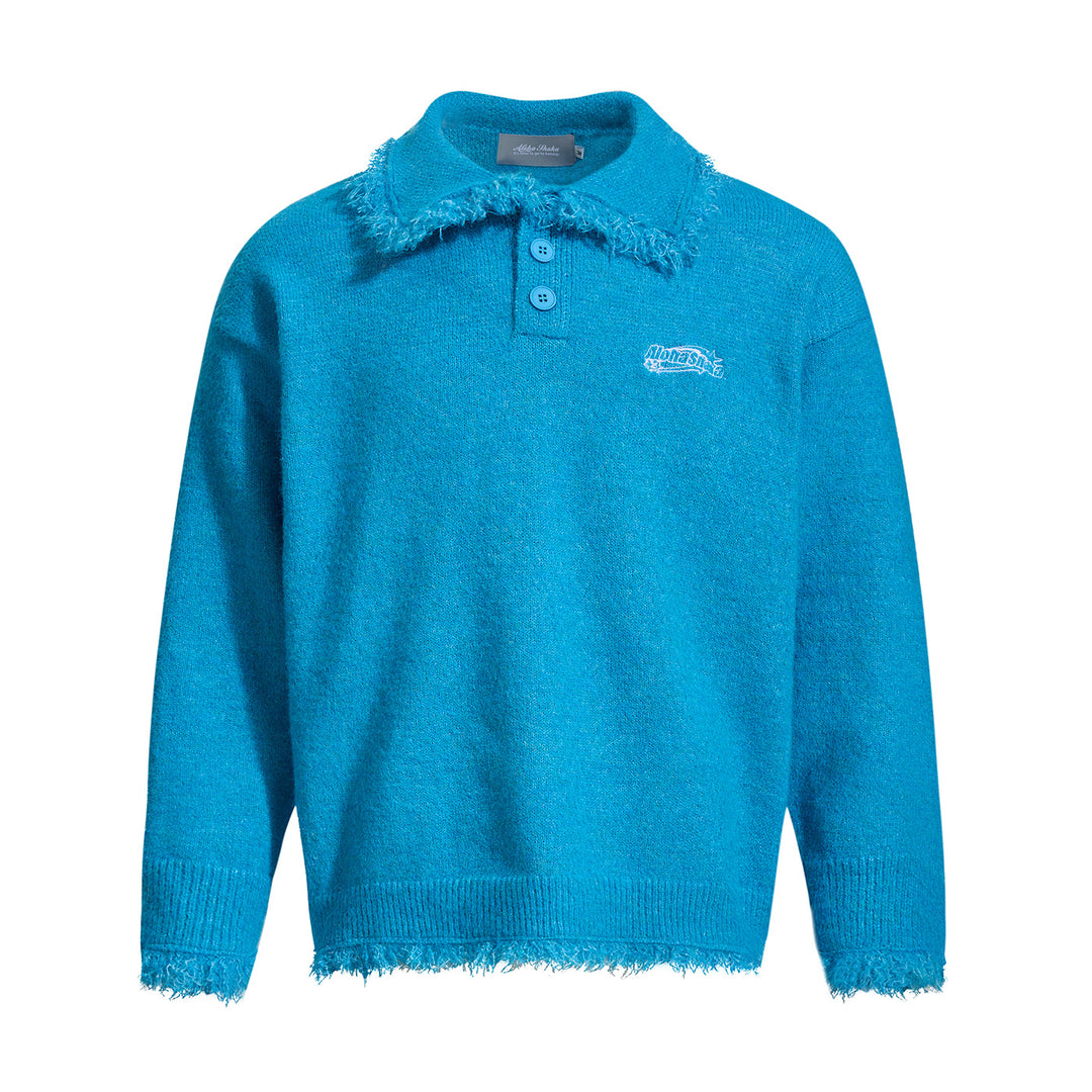 Unisex Chunky Knit Polo Collar Sweater with Fringe Trim Mune Fashion