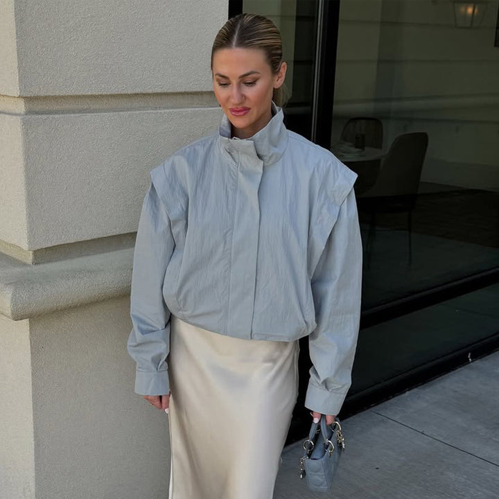 Ladies Cropped Transitional Jacket with Stand Collar and Emphasized Shoulder Area Mune Fashion