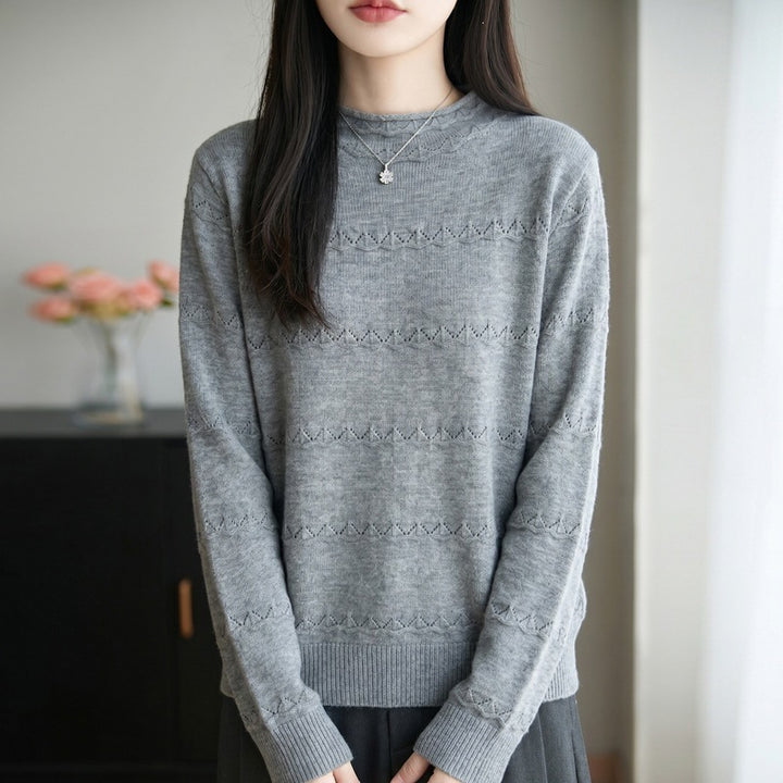 Women's lightweight lace-knit pullover with short stand-up collar and fine ribbed hem Mune Fashion