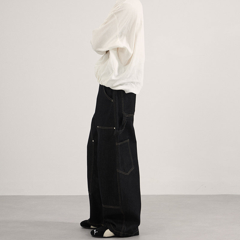 Men's Wide-Cut Carpenter Denim Palazzo Pants with Distinctive Seam Panels Mune Fashion