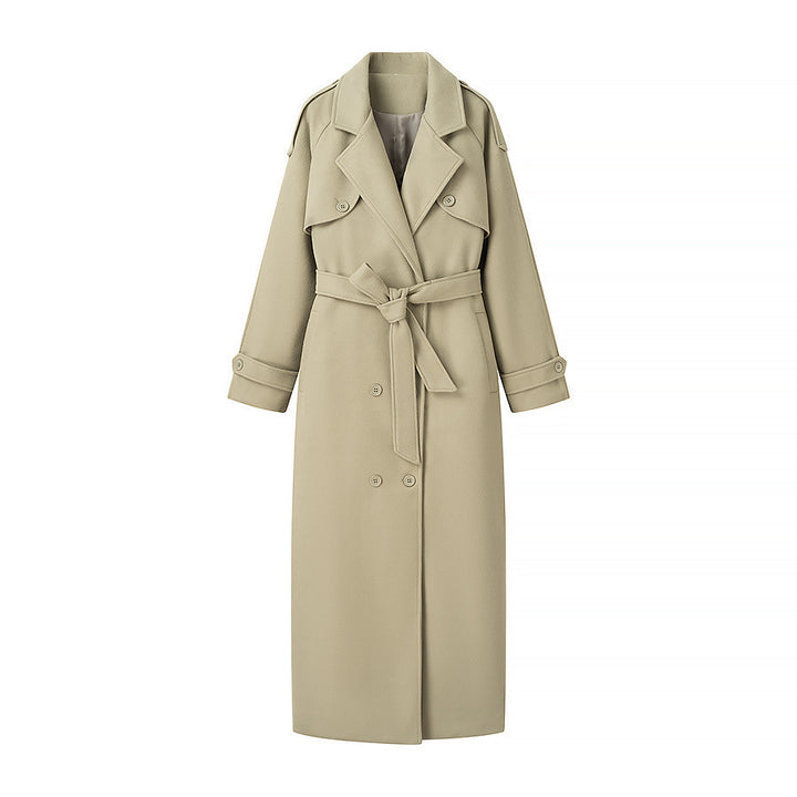 Women Long Trench Coat with Belt, Double-Breasted Button Placket and Epaulets Mune Fashion