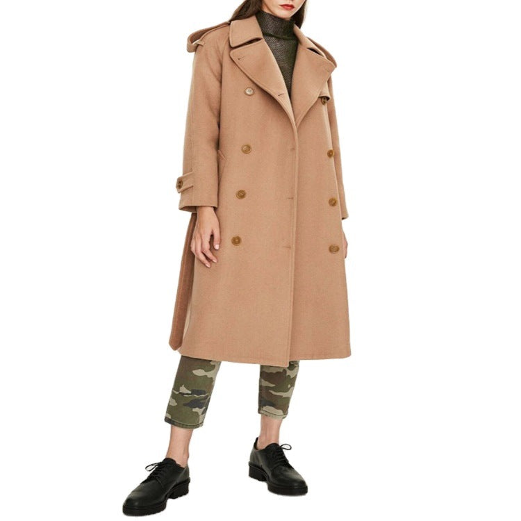 Women's Mid-Length Double-Breasted Wool Blend Trench Coat with Epaulettes and Belt Mune Fashion