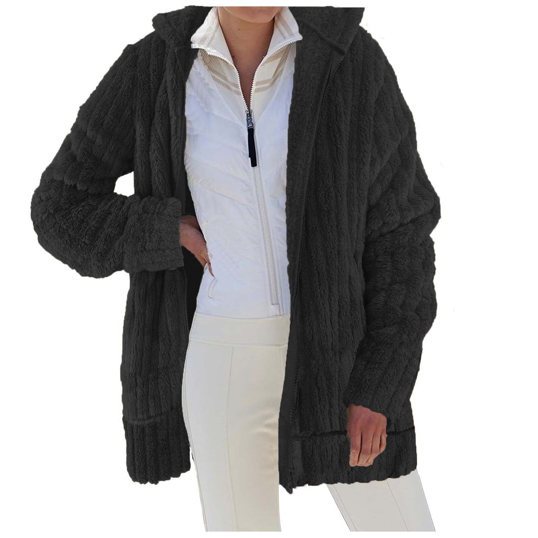 Women's Oversize Teddy-Fleece Hooded Coat with Ribbed Cuffs and Side Pockets Mune Fashion