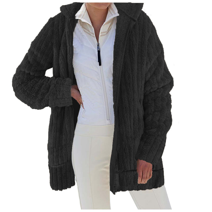 Women's Oversize Teddy-Fleece Hooded Coat with Ribbed Cuffs and Side Pockets Mune Fashion