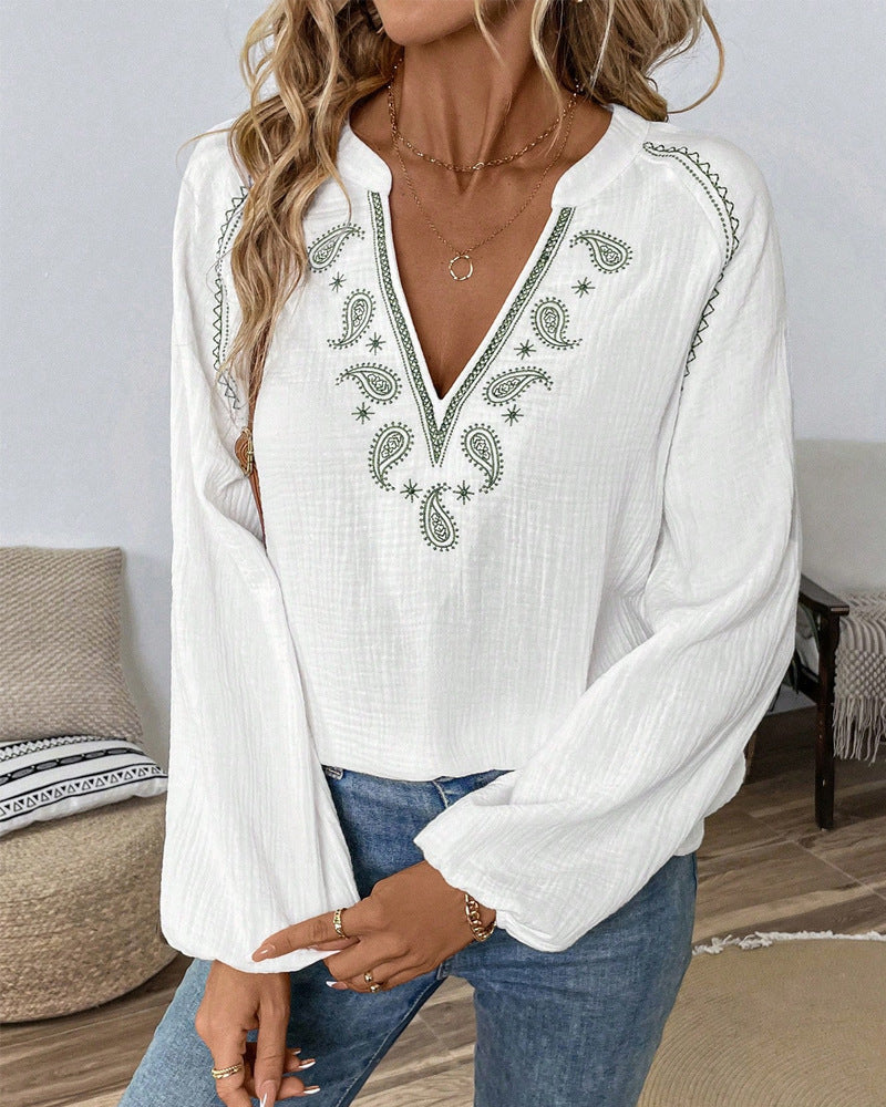 Women's casual cotton gauze blouse with embroidered V-neck, paisley embroidery, raglan seams, and wide balloon sleeves Mune Fashion