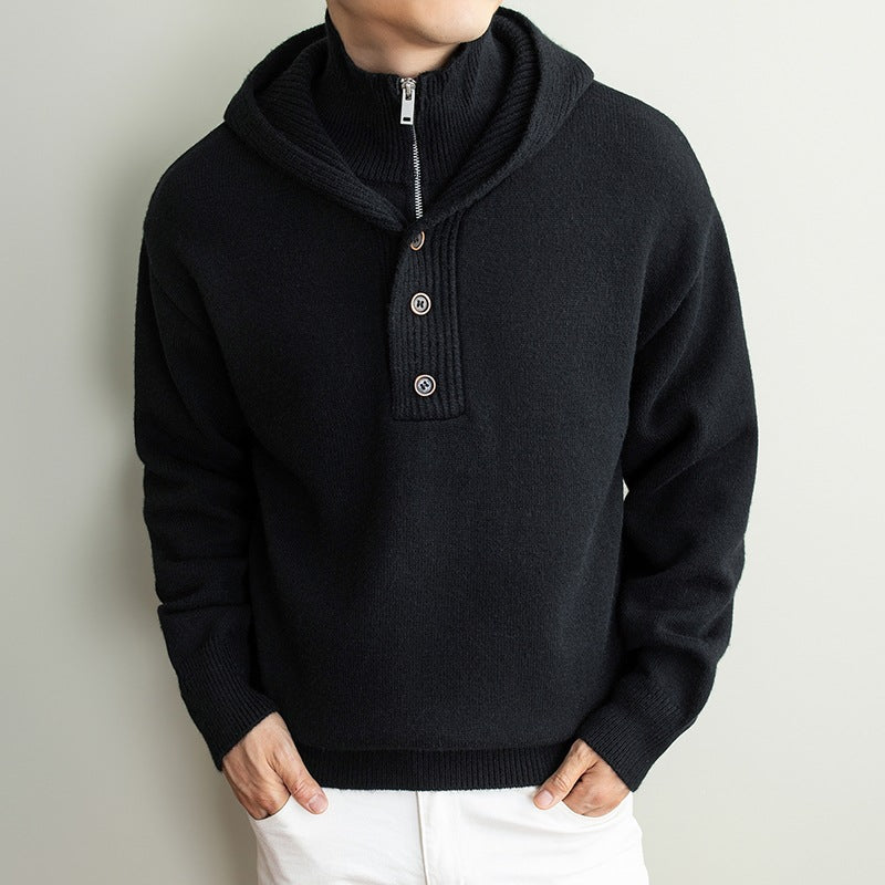 Men's fine knit hooded pullover with half zipper and button placket Mune Fashion