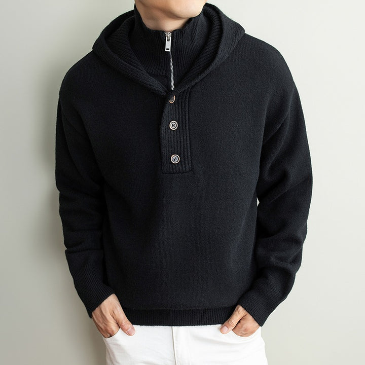 Men's fine knit hooded pullover with half zipper and button placket Mune Fashion