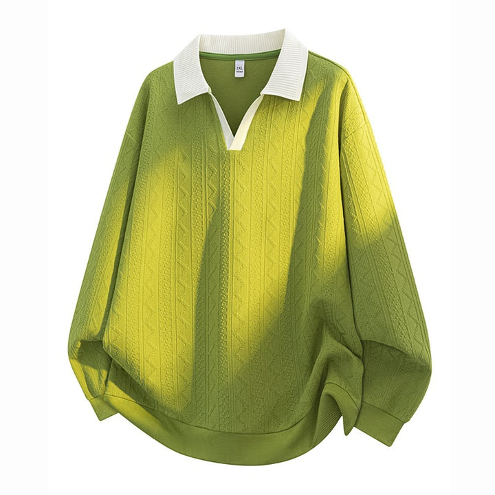 Men's Oversize Knit Polo with Textured Knit, Open V-Neck and Ribbed Collar Mune Fashion