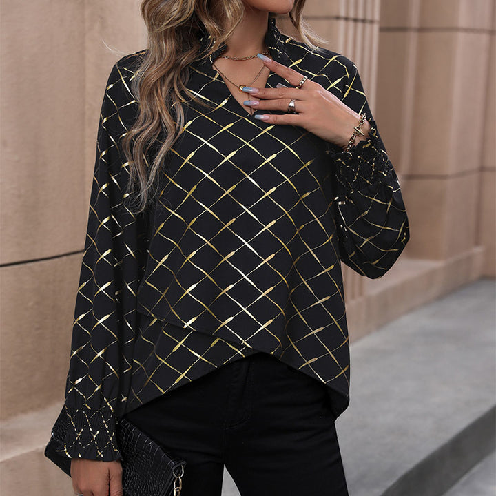 Women Elegant Blouse with Geometric Pattern and Ruffles Mune Fashion