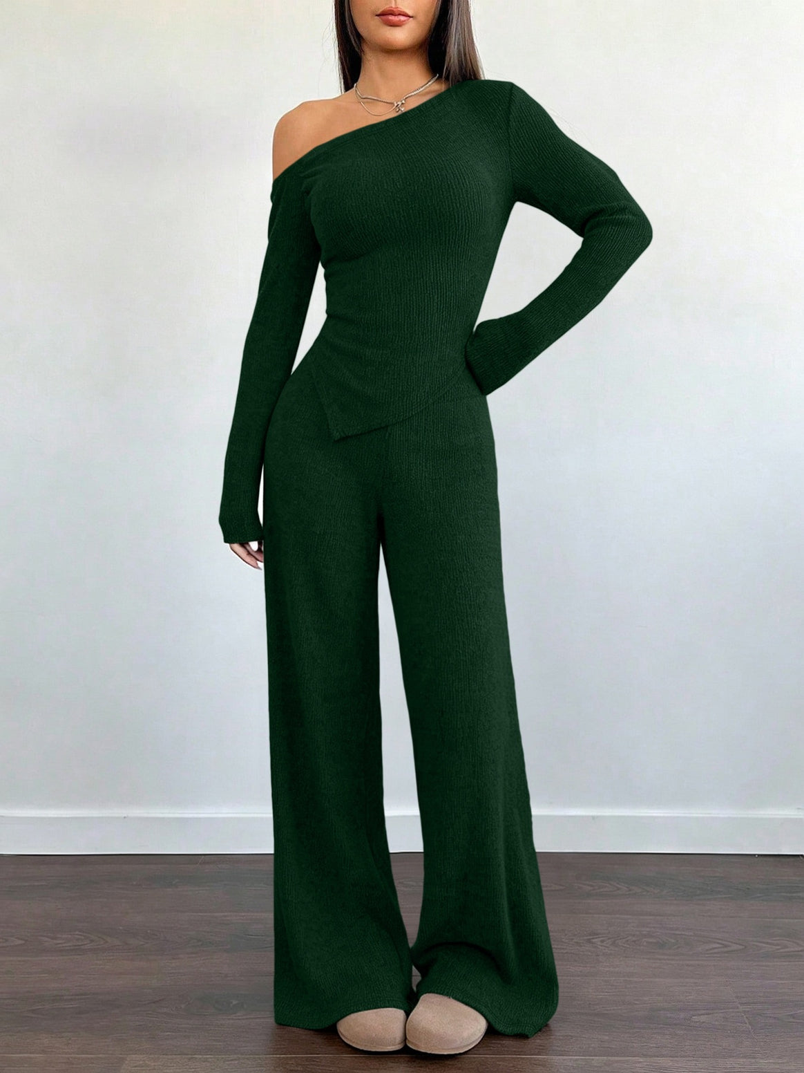 Women's Asymmetrical Knit Lounge Set with One-Shoulder Top and Wide Leg Mune Fashion