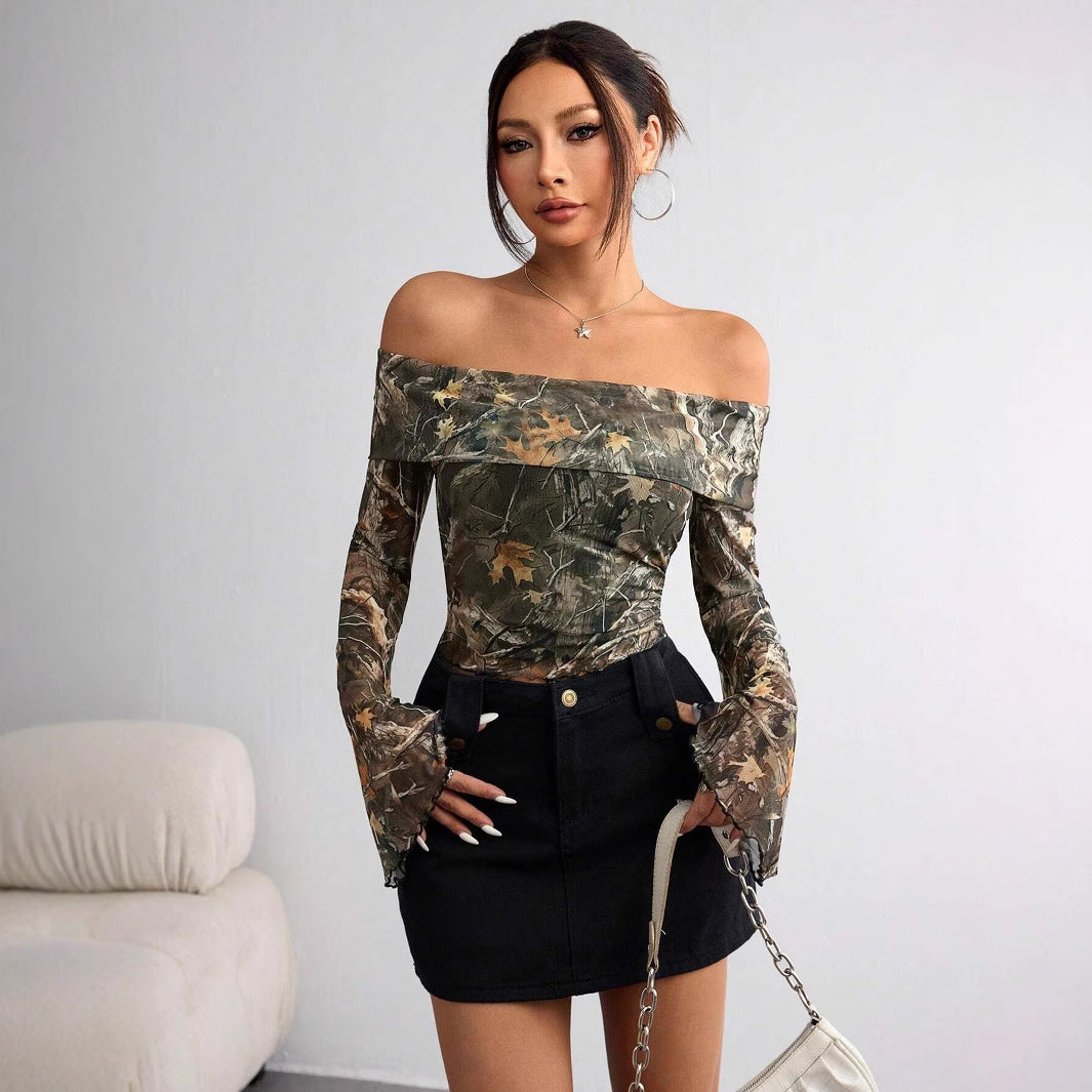 Women's off-the-shoulder long sleeve top with camouflage leaf pattern and flared sleeves Mune Fashion