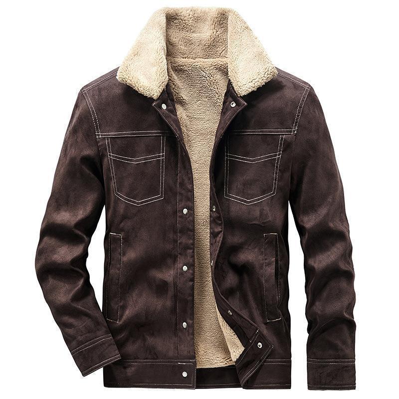 Men's Suede-Look Trucker Jacket with Teddy Lining and Snap Button Closure Mune Fashion